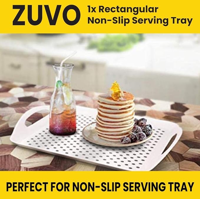 Zuvo Anti-Slip Food Serving Tray with Handles (Set of 2) – BPA-Free Plastic, Lightweight & Durable – Non-Slip Couch Trays for Eating & Drinks (White)