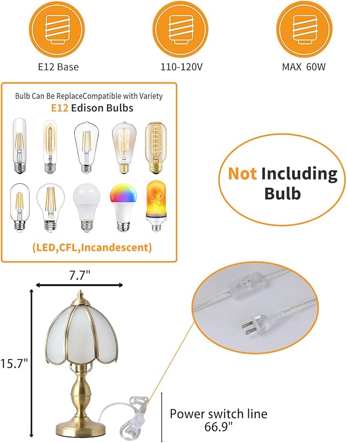 Small Vintage Table Lamps, Frosted Glass Lampshade with Brass Base, Desk Light for Bedside, bar, Lounge, Cafe, and Restaurant, E12 Base(Bulb Not Included)