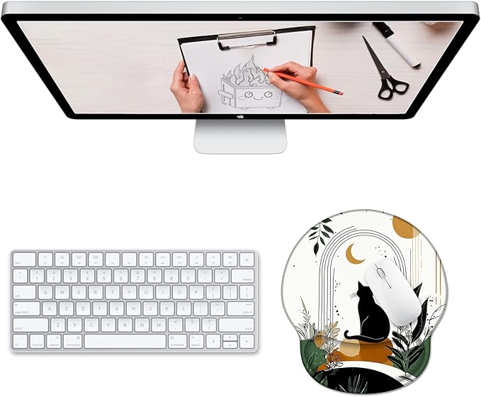 Ergonomic Mouse Pad Wrist Support, Black Cat Boho Gel Mouse Pads with Wrist Rest, Cute Comfortable Pain Relief Mousepad with Non-Slip PU Base for Gaming Work Desk Accessories Office Decor