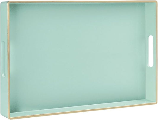 MAONAME Mint Green Serving Tray with Handles, Modern Decorative Trays for Coffee Table, Plastic Rectangular Trays for Ottoman, Bathroom, Decor, 15.8” x 10.2” x1.4