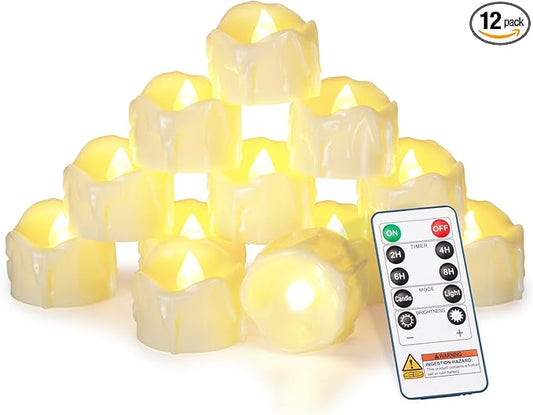 Homemory 12pcs Remote Timer LED Tea Lights Candles, 400+Hours Flickering Flameless Battery Votive Tealights for Tabletop Lighting, Centerpieces Decor, Holiday, White Base