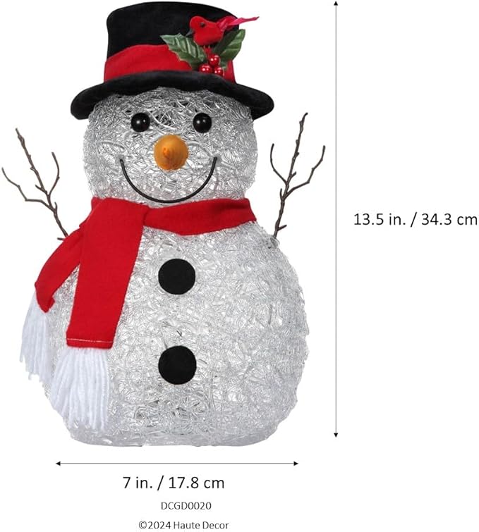 Haute Decor 13 Inch Tall Spun Acrylic Snowman with LED Lights, Battery Operated with Built-in Timer - Christmas Holiday Decoration for Mantel, Tabletop, Counter, Entryway, Art Nook