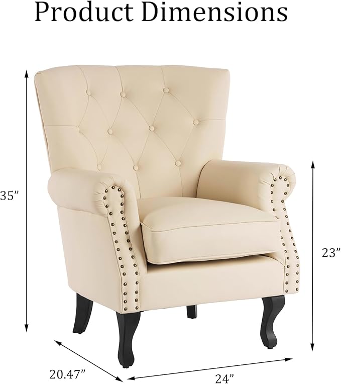 Modern Faux Leather Accent Chair, Upholstered Mid-Century Armchair with Solid Wood Legs, Single Sofa Chair for Living Room, Bedroom, or Reading Room（Ivory White）