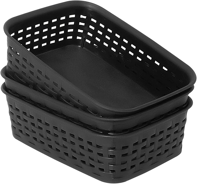 Soddeph Plastic Storage Baskets for Cabinets, Household Pantry Organization with Handle,Organizer Bins for Room,Bathrooms,Under-Sink,Kitchen (Black, XS-3PACK)