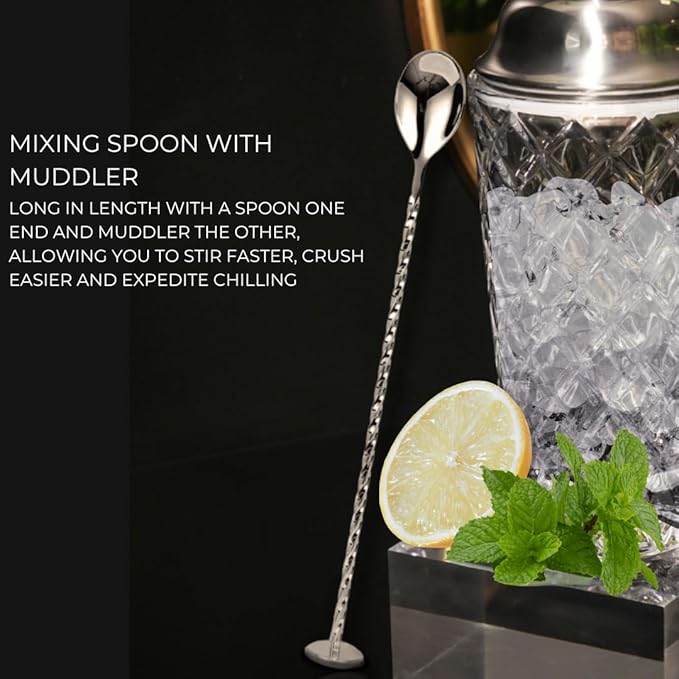 Silver Cocktail Shaker Glass Set - 5 Piece Martini Shaker Set with Strainer, Jigger, Spoon & Muddler - 16oz Crystal Shaker - Ideal Gift for Home Bar & Drink Trolley Décor