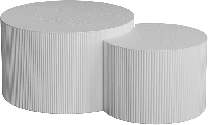 Round Nesting Coffee Table Set 2 Piece, Drum Modern Stackable Side Table for Living Room/Bedroom Small, Space-Saving Accent Furniture with Scratch-Resistant Design (A White 27.56 in)