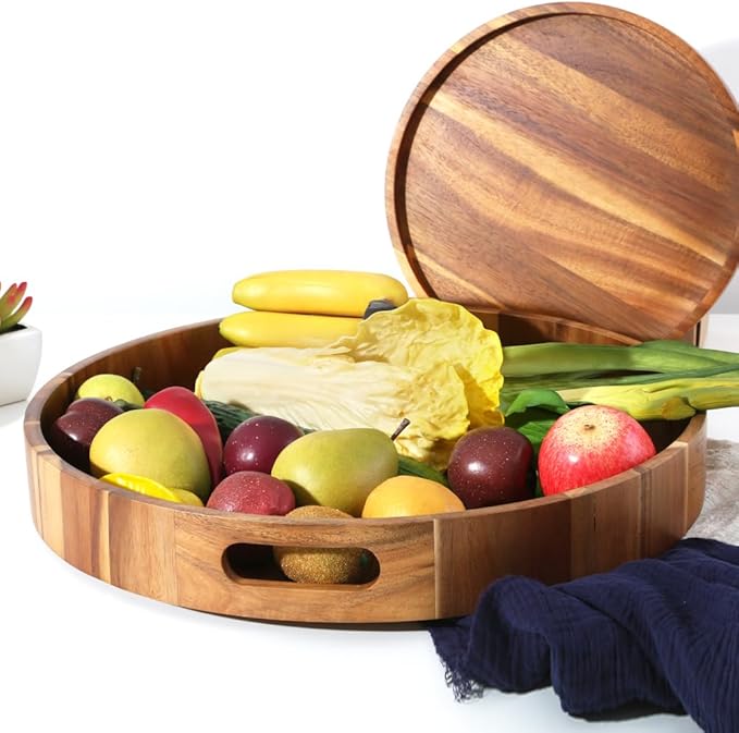 Extra Large 20" Acacia Wood Tray with Handles - Wooden Serving Tray for Ottoman, Coffee Table, Charcuterie, Bed & Breakfast - Rustic Modern Style