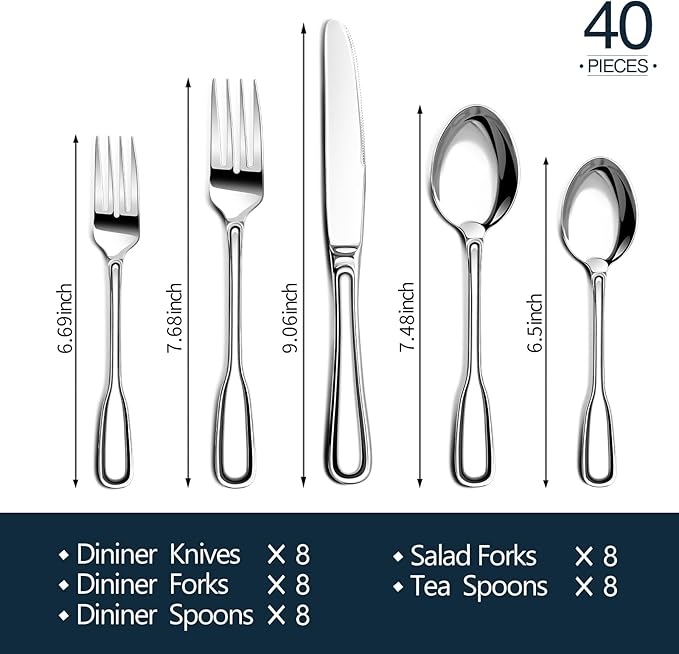 Silverware Set for 8, Heavy Duty Stainless Steel Cutlery Set with Wide Handles, Mirror Polished Utensils Spoons and Forks Set, Dishwasher Safe (Silver, 40 Pieces for 8)