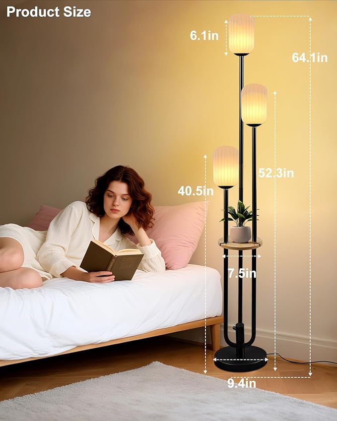 Lightdot Black Dimmable Floor Lamp with Shelf, Modern Floor Lamps with Oval Striped Lampshade 3000K Soft Warm White 3-Lights Candle Holder Style Tall Lamp for Living Room/Bedroom