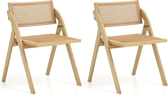 Giantex Folding Dining Chairs Set of 2, Wooden Folding Chair with Rattan Backrest & Seat, Sturdy Rubber Wood Frame, Armless Accent Chairs for Living Room, Kitchen, Wedding Party, No Assembly, Natural