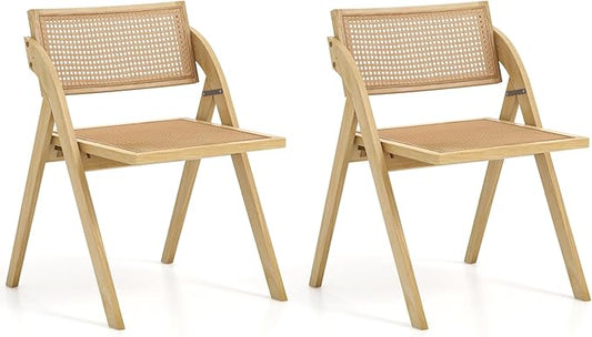 Giantex Folding Dining Chairs Set of 2, Wooden Folding Chair with Rattan Backrest & Seat, Sturdy Rubber Wood Frame, Armless Accent Chairs for Living Room, Kitchen, Wedding Party, No Assembly, Natural