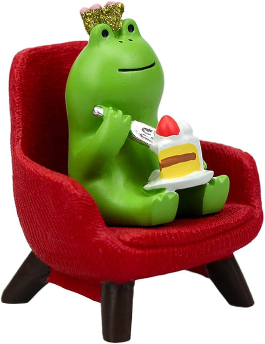 Miniature Frog Eating Cake Figurine - Funny Frog Sculpture for Shelf, Desk Decoration - Perfect Cute Frog Gift for Frog Lovers(Red Sofa)