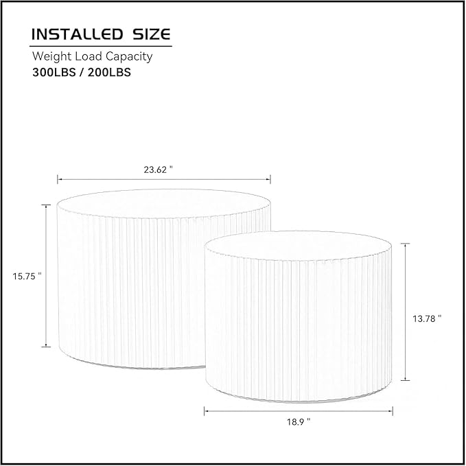 23.6" Round Coffee Table Set of 2, MDF Nesting Tables with Roman Column Design, Modern Handcrafted Wooden Drum Accent Tables for Living Room, No Assembly Required (White)