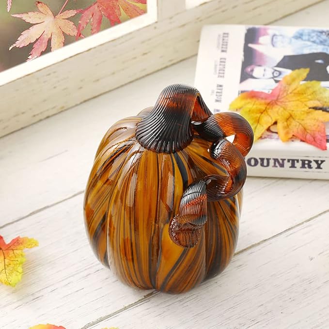 Glitzhome 4.33" Decorations Glass Pumpkin Amber Striped Pumpkin Thanksgiving Fall Harvest Ornaments