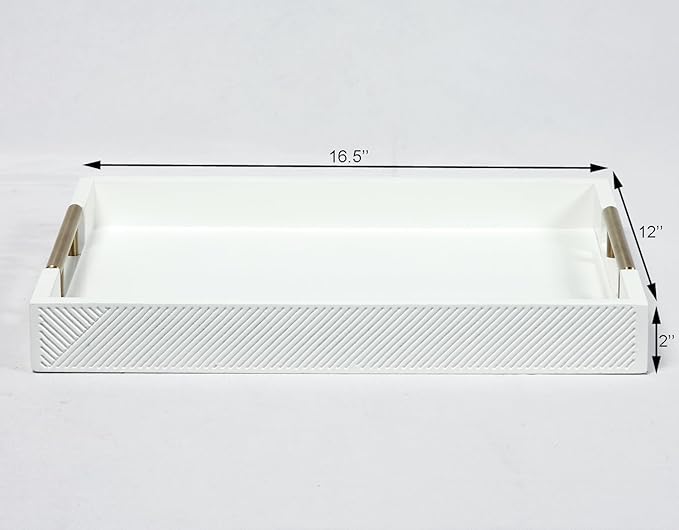 Serving Tray with Polished Metal Handles, 16.5''x12'' Rectangle Coffee Table Tray, Modern Decorative Tray, Large Ottoman Tray, Perfect for Storage and Display (White)