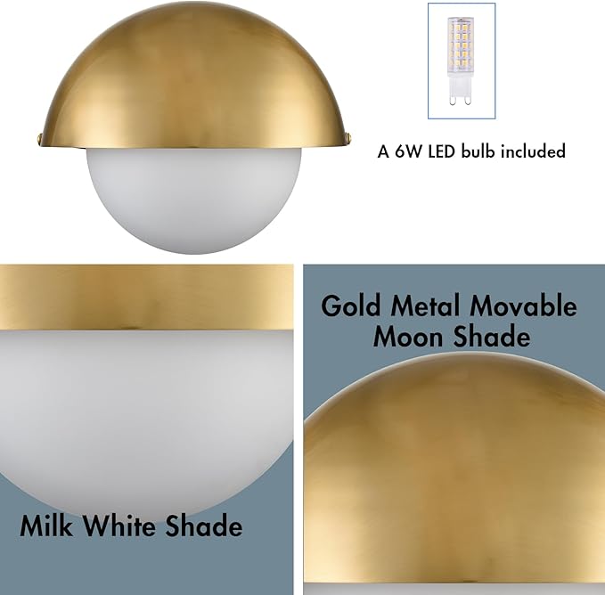 YUBOLE Mid Century Wall Sconce Modern Gold Bathroom Vanity Light Over Mirror with Adjustable Metal Shade and Milky Glass Globe G9 Based Indoor Wall Lamp Wall Mounted Sconce