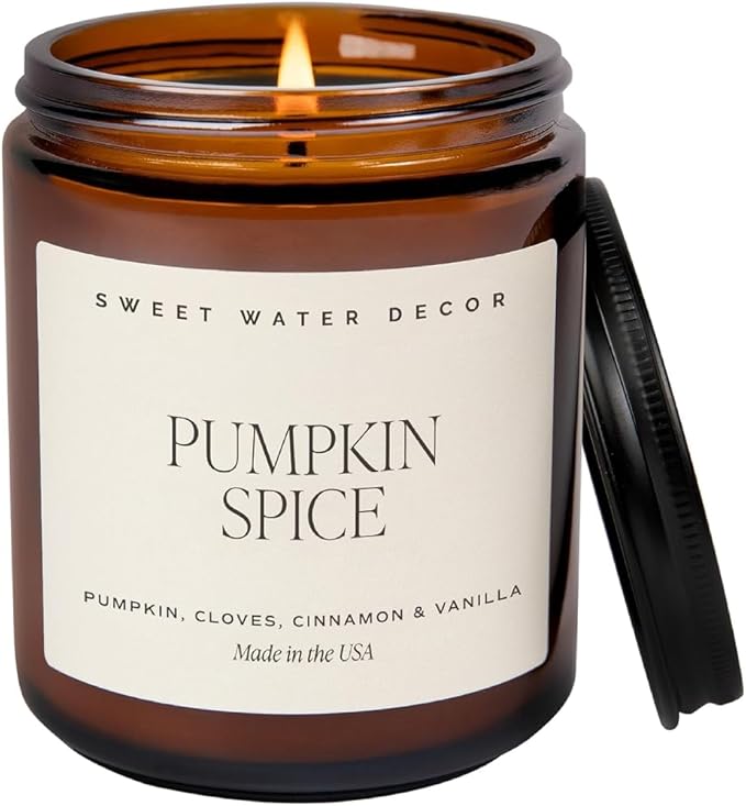 Sweet Water Decor Pumpkin Spice Candle - Fall Candles with Pumpkin, Clover, Cinnamon & Vanilla Scent for Home - Autumn Candle with 40 Hours Burn Time - 9Oz Black Lid Amber Jar Pumpkin Soy Candles
