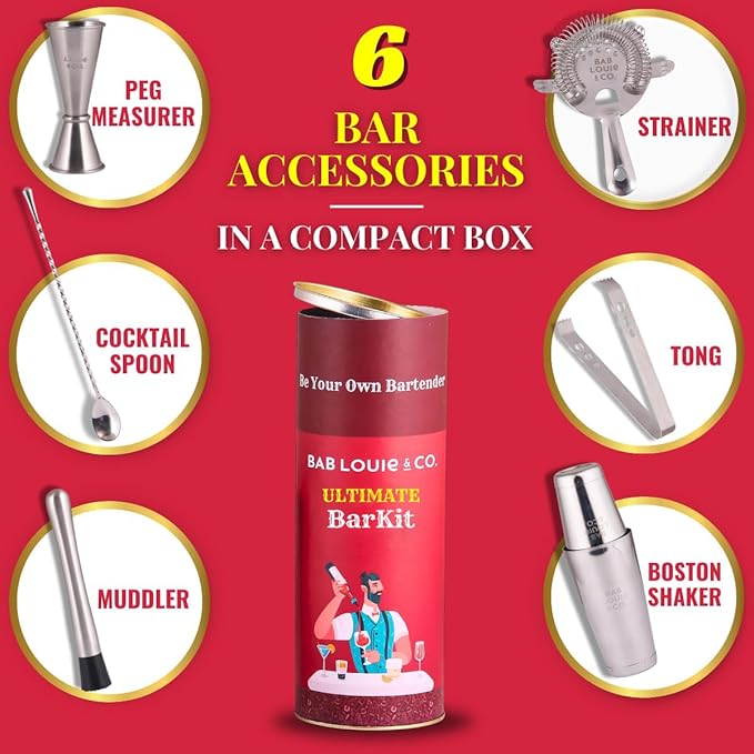 Bab Louie & Co. Bar & Cocktail Set, Ultimate BarKit, Cocktail Shaker Sets for Drink Mix, Set of 6 Stainless Steel & Anti Rust Bar Accessories, BarKit for Gift, Best Gifts for Bartender