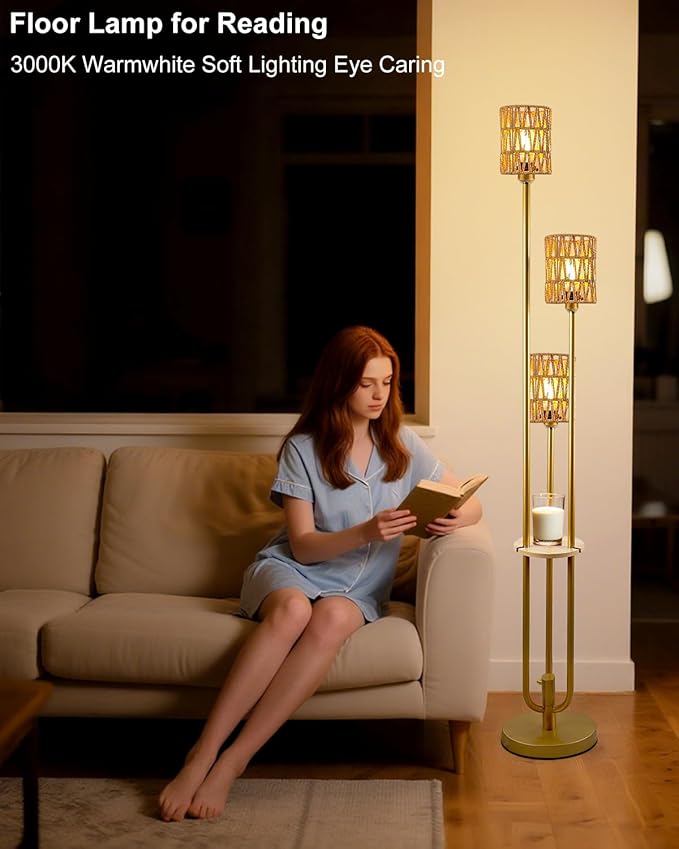 Lightdot Boho Floor Lamp with Shelves, 3-Lights Farmhouse Gold Dimmable Floor Lamp Candle Holder Style, Rustic Tall Standing Lamp with Rattan Shades for Living Room Bedroom Home Office