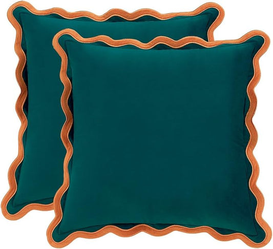MONDAY MOOSE Decorative Throw Pillow Covers Cushion Cases, Set of 2 Soft Velvet Scalloped Wavy Edge Designs, Mix and Match for Home Decor, Pillow Inserts Not Included (Coral/Dark Teal, 22x22 inch)