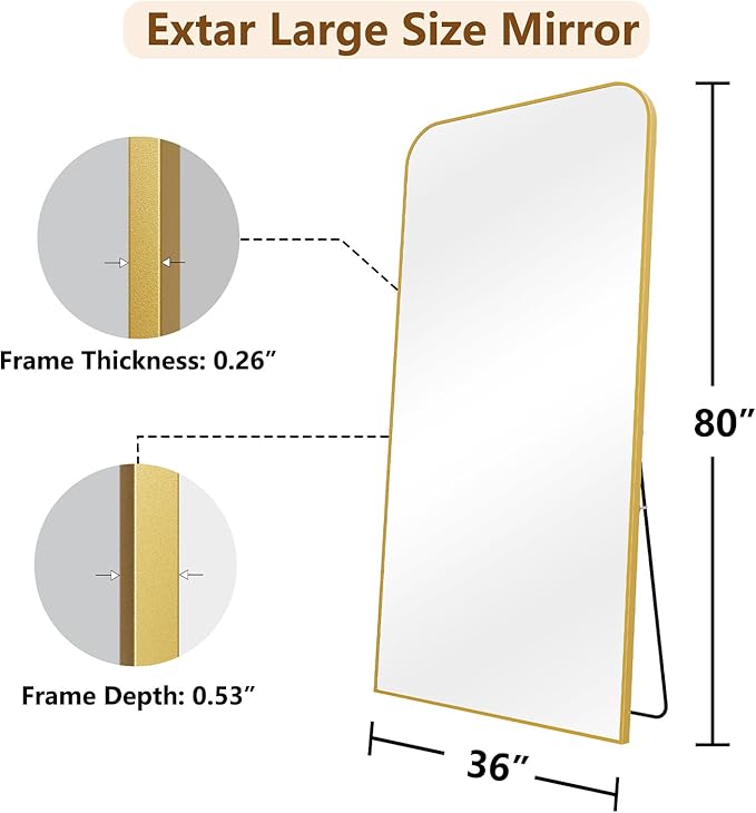 Koonmi Full Length Mirror, 80"x36" Mirror Full Length with Stand, Gold Domed Top Square-Edged Floor Mirror with Aluminum Alloy Frame for Bedroom Living Room