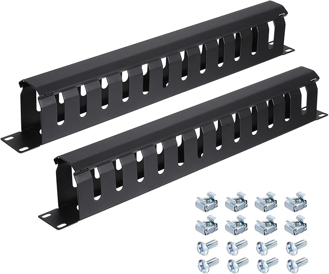 PATIKIL 1U 19 Inch Cable Management, 2 Pack 12 Slot Horizontal Rack Mount Wire Management Metal Finger Duct Wire Organizer for Network Cabinet, Black