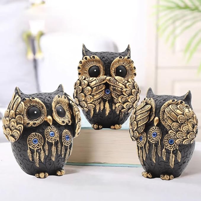 3 Owl Figurines Decor, Owl Statue Figurine, See No Hear No Speak No Evil Ornaments, Crafted Animal Sculpture, Cute Owls Decoration for Living Room, Office, Bookshelf, Bedroom - Black