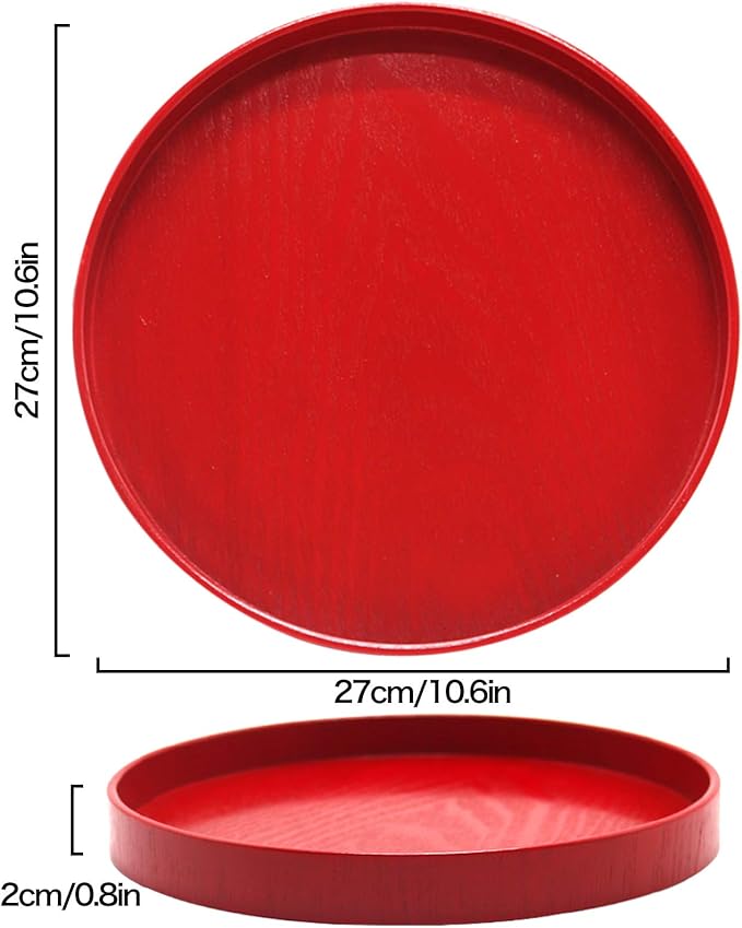 Round Solid Wood Serving Tray, Non-Slip Tea Coffee Snack Plate Food Meals Serving Tray with Raised Edges for Home Kitchen Restaurant(10.6inch,Red)
