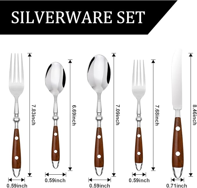 5-Piece Silverware Set, Stainless Steel Flatware Set, Service for 1, Vintage Cutlery Set with Wooden Color Bakelite Handle, Dishwasher Safe