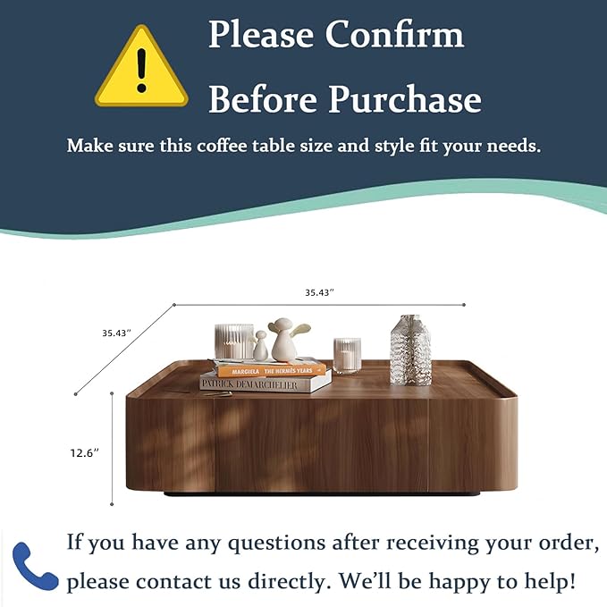 Luxury Solid Wood Coffee Table with Hidden Drawer, Fully Assembled Square Center Table for Living Room, Raised Edge Design, No Installation Needed, Premium Walnut Finish (35.43" Square Coffee Table)