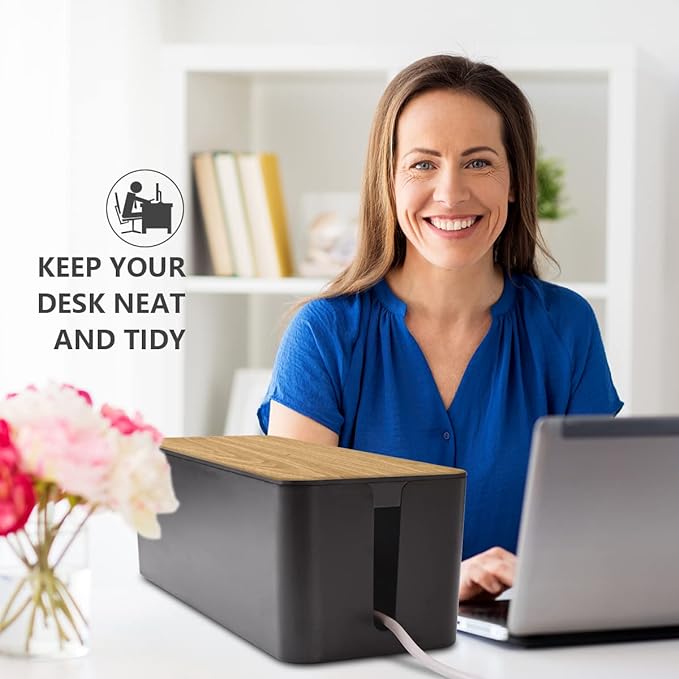 Cable Management Box Large - Wooden Grain Cable Organizer Box to Hide Wires&Power Strips,TV&Desk Computer Wires,with Cable Clips&Reusable Cable Ties for Home&Office(Black)