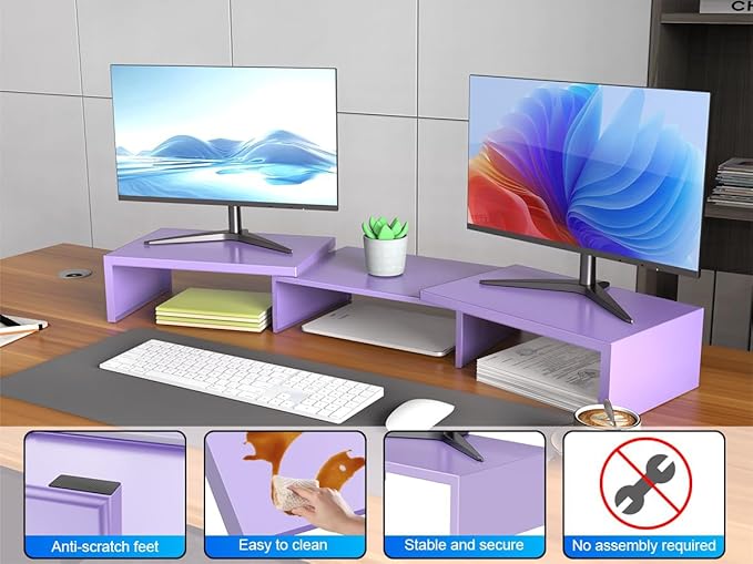 Dual Monitor Stand for Desk, Metal Monitor Riser, Purple Office Supplies Desk Accessories (Purple)