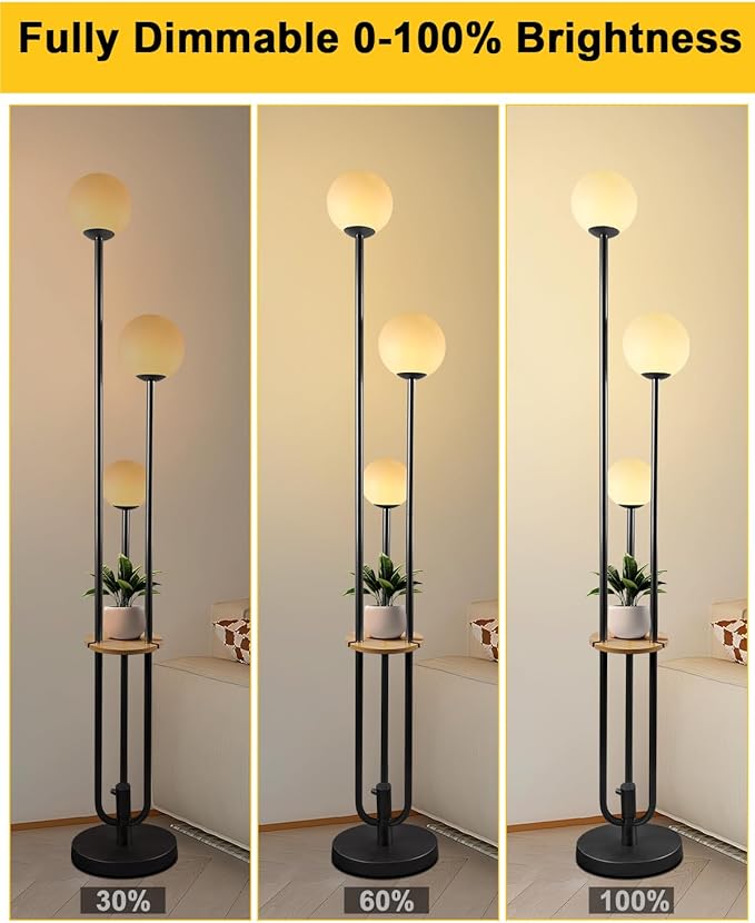 Lightdot Full Dimmable Floor Lamp for Living Room 3-Globe Standing Lamp with Table Candle Holder Style Black Tall Lamps for Bedroom Office Cafe with 3000K Soft Warmwhite Bulbs Included