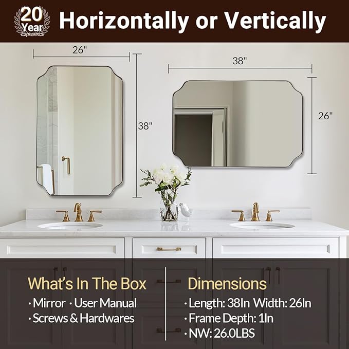 ANDY STAR 26x38 Inch Mirror for Bathroom, Brushed Nickel Scalloped Rectangle Mirror, Silver Bathroom Vanity Mirror in Rust-Proof Stainless Steel 1" Frame, Modern Scalloped Edge Design
