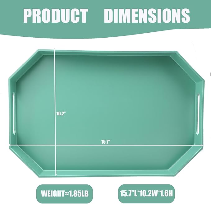 Green Octagonal Serving Tray with Handles for Coffee Table, Plastic Decorative Tray for Ottoman, Kitchen Counter, Living Room, Outdoor Lacquer Tray for Entertaining