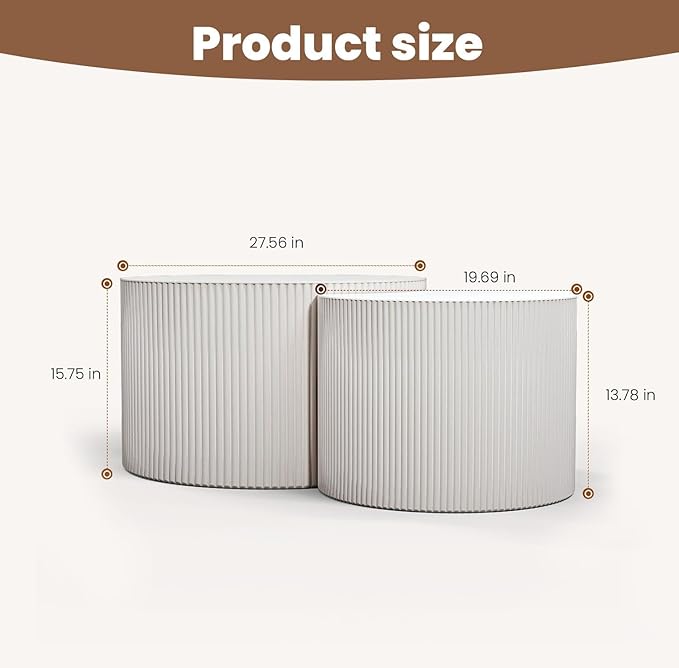 Round Nesting Coffee Table Wood Drum Nesting Tables Modern Stacking Coffee Table Set of 2 Fluted Center Table End Table for Living Room Home Office Small Spaces, No Assembling (White Large)