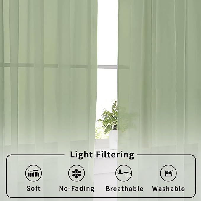 Aiyufeng Sage Green Sheer Curtains, 36 Inch Long, 2 Panels - Kitchen & Bathroom Cafe Curtains, Rod Pocket, 40" W x 36" L