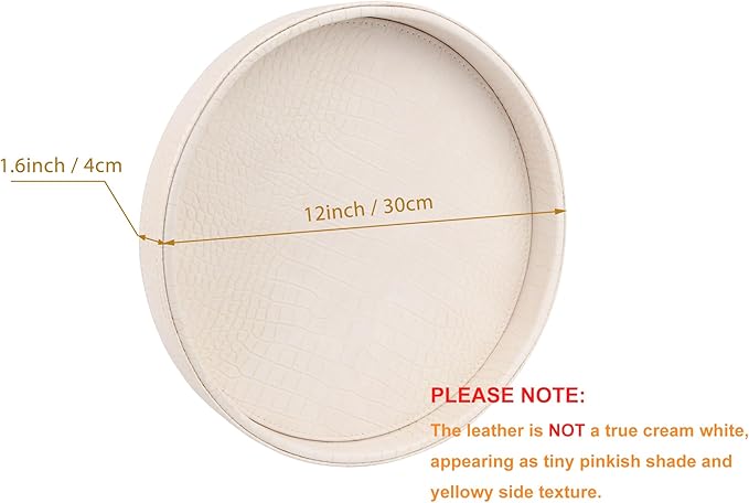 HofferRuffer Faux Leather Round Serving Tray, Vegan Croco Leather Decorative Tray, Food Tray for Storage Drinks, Snack & Cosmetics, Dia.12'' x 1.6'' (CreamWhite/Tiny Yellow)