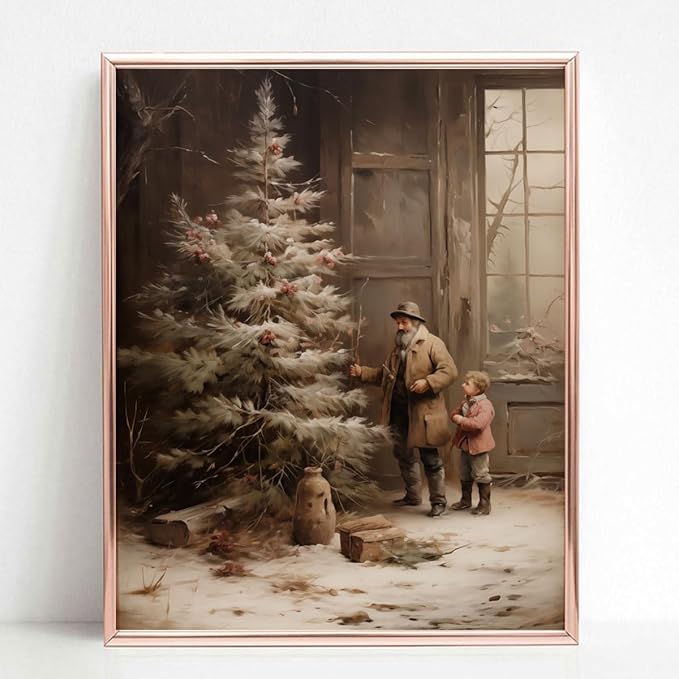 Country Christmas Vintage Painting Print Winter Rustic Wall Art Farmhouse Christmas Holiday Decor Print Christmas Wall Art