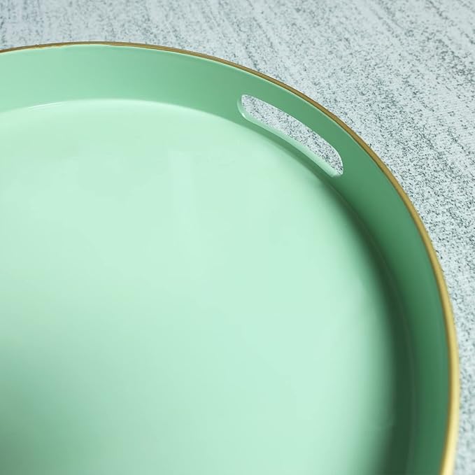 Spsyrine Round Green Plastic Decorative Tray, 13'' Modern Tray with Handles, Marble Pattern, for Breakfast, Coffee Table, Bathroom, Kitchen, Living Room