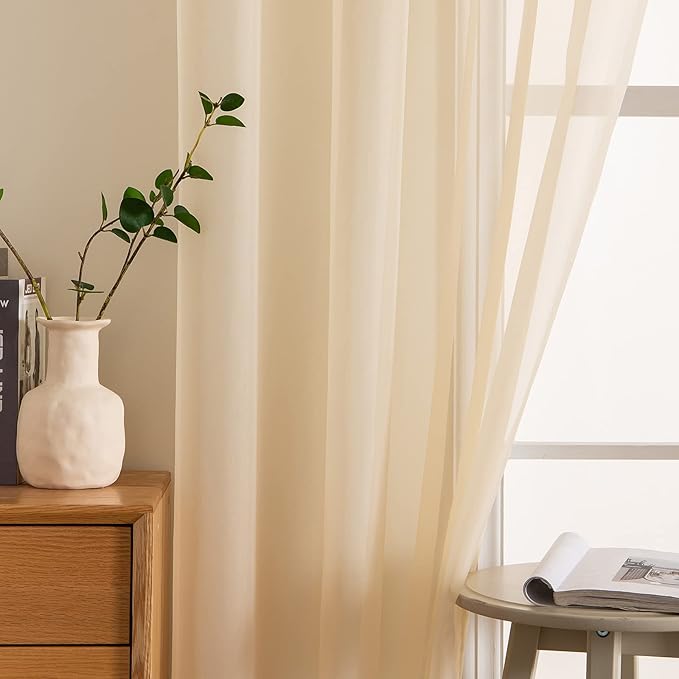MIULEE 2 Panels Solid Color Sheer Window Curtains Elegant Window Voile Panels/Drapes/Treatment for Bedroom Living Room (54 X 102 Inches Cream Beige)