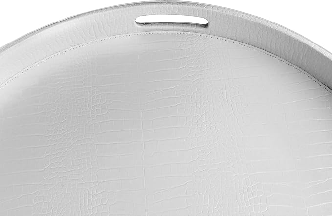 HofferRuffer Extra Large Round Serving Tray, Elegant Faux Leather Circle Ottoman Table Tray with Handles, Serve Tea, Coffee or Breakfast in Bed, Diameter 23.6 x 2.4 inches Height (White)