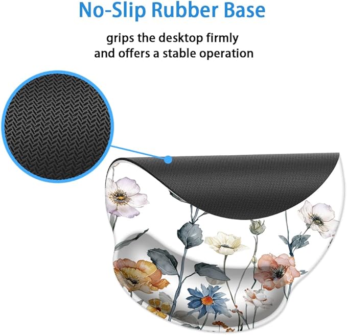 Mouse Pad with Wrist Support, Ergonomic Mouse Pad with Memory Foam Wrist Rest Cushion, Non-Slip Rubber Base Gaming Mice Pad for Home Office Computer Laptop,Cute Flowers