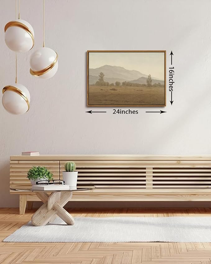 KISSFOX Vintage Landscape Framed Wall Art Grassland Mountain Canvas Wall Art Minimalist Neutral Farmhouse Serene Countryside Paintings Artwork Rustic Art Prints For Bedroom Living Room