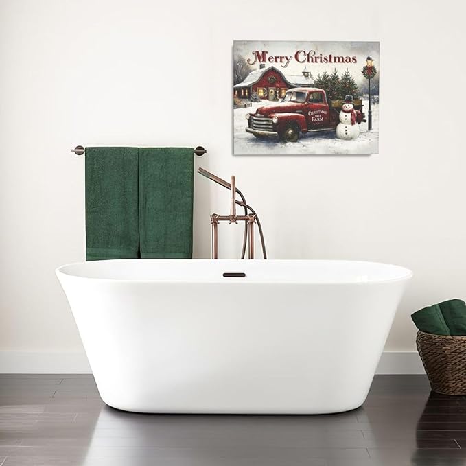 Christmas Pick-Up Truck Wall Art Christmas Tree Canvas Wall Decor Farm Barn Pictures Paintings Prints Snowman Artwork Framed Winter Holidays Decorations For Bathroom Bedroom Living Room Office Gifts 20" x 16"