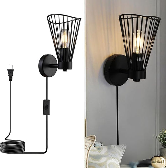 Plug in Wall Sconce Indoor, Industrial Wall Sconces, Farmhouse Wall Lamp with Plug in Cord, Vintage Black Wall Lights with On/Off Switch, Metal Wall Light Fixture for Living Room Bedroom Rustic, E26