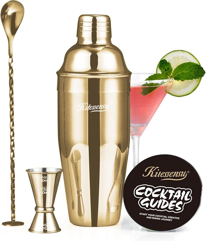 KITESSENSU Cocktail Shaker Set, Stainless Steel Bartending Kit with 25 Ounce Cocktail Shaker with Built in Drink Strainer, Measuring Jigger, Mixing Spoon & Drink Recipe Guide, Gold