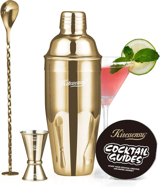 KITESSENSU Cocktail Shaker Set, Stainless Steel Bartending Kit with 25 Ounce Cocktail Shaker with Built in Drink Strainer, Measuring Jigger, Mixing Spoon & Drink Recipe Guide, Gold
