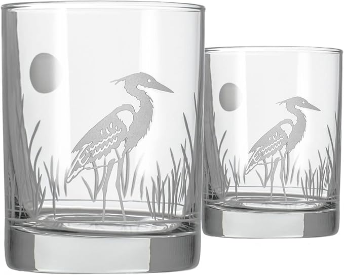Rolf Glass Heron Double Old Fashioned Glass 13 ounce – Lead-Free Whiskey Glass Tumbler - Etched Whiskey Tumbler Glasses – Proudly Made in the USA (Set of 2)