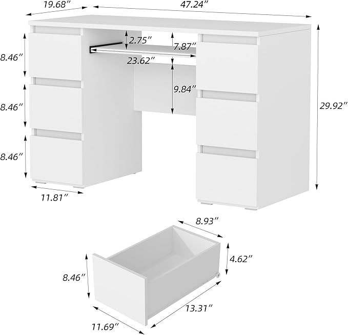 47'' Computer Desk with 6 Drawers and Keyboard Shelf, Modern Wood Writing Desk with Storage for Home Office, Bedroom, Gaming, Study, or Vanity Table – White